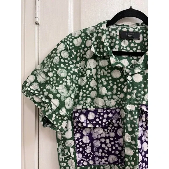 HicKey Lagos Green Batik Bubble Print Cropped Button Up Shirt Purple Pockets XL - Picture 5 of 5